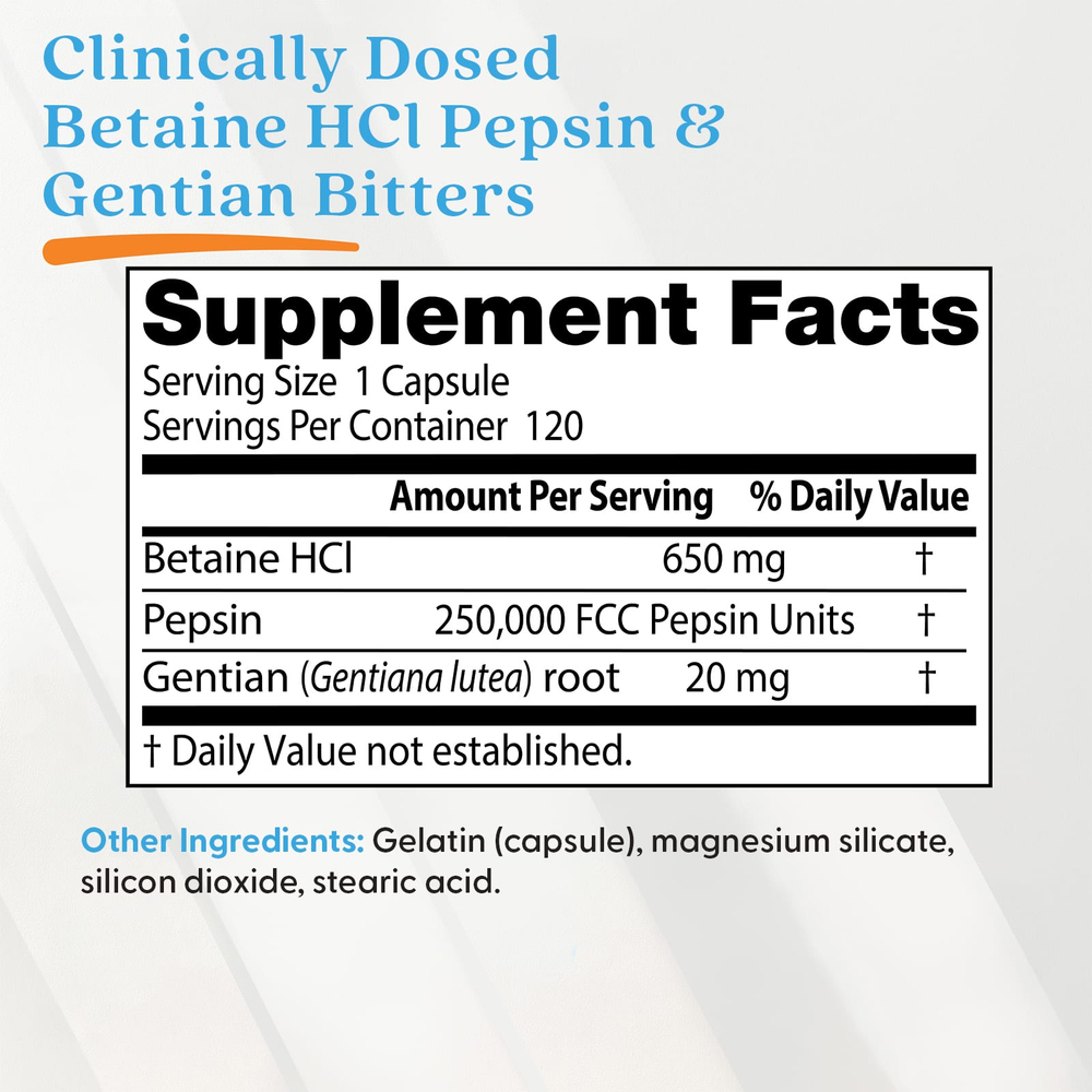 Doctor's Best, горькая настойка из бетаин гидрохлорида, пепсина и горечавки, 120 капсул