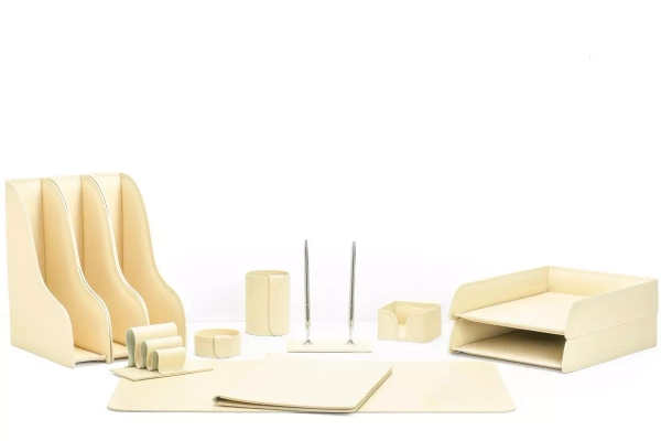 Настольный набор 12 предметов из кожи цвет слоновая кость №9