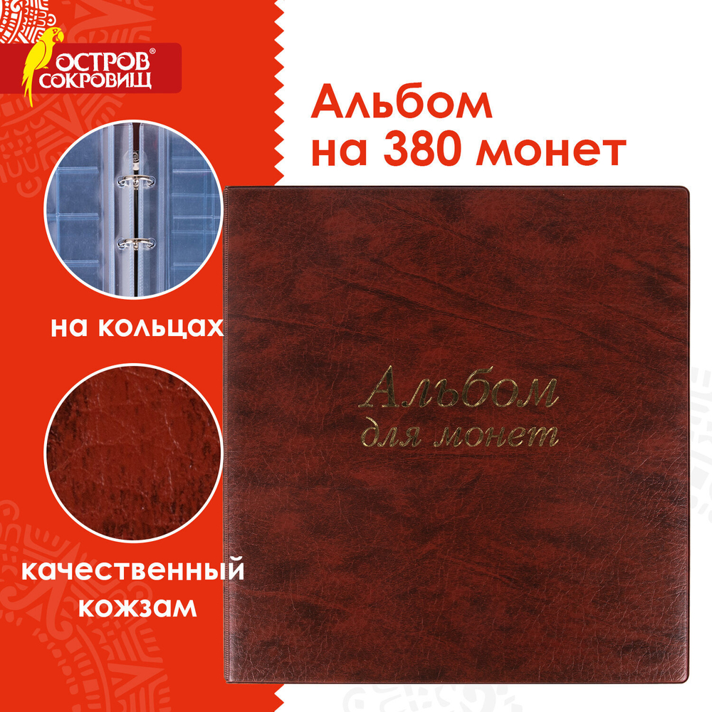 Альбом нумизмата для 380 монет (диаметр до 38 мм) и купюр, 253х238 мм, коричневый, ОСТРОВ СОКРОВИЩ, 237961