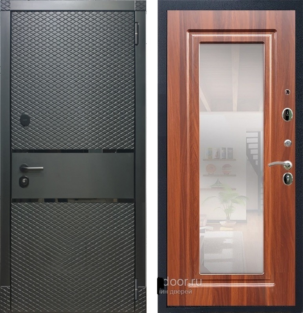 Входная металлическая дверь с зеркалом RеX (РЕКС) 15 Чешуя кварц черный, фурнитура хром / зеркало ФЛЗ-120 Итальянский орех