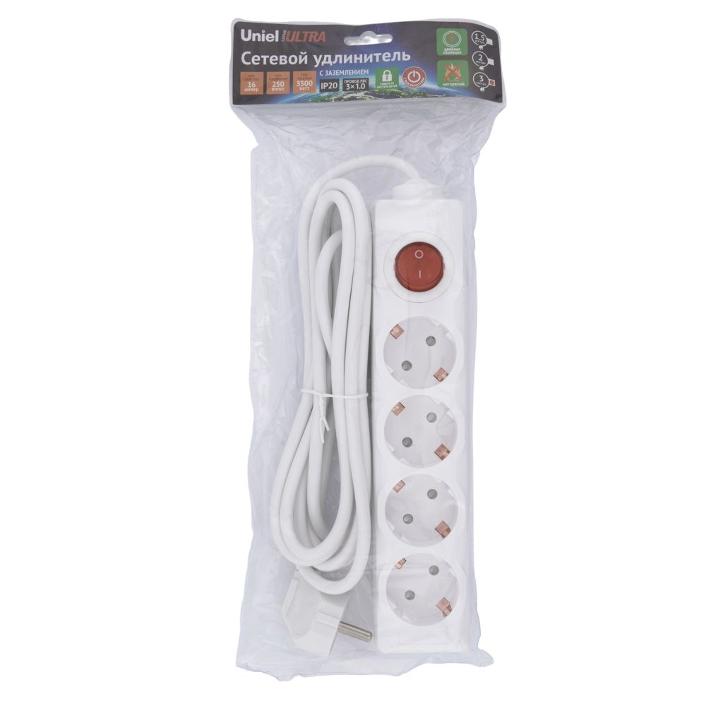S-GCU4-3B WHITE Удлинитель серии Ultra. шнур 3м.. 4 гнезда. 16A. с-з. Белый. TM Uniel