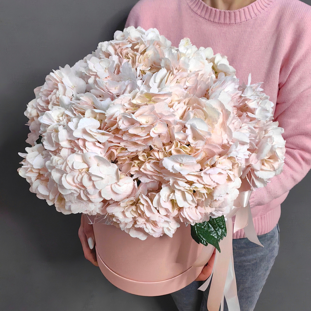 Шляпная коробка с 7 розовыми гортензиями