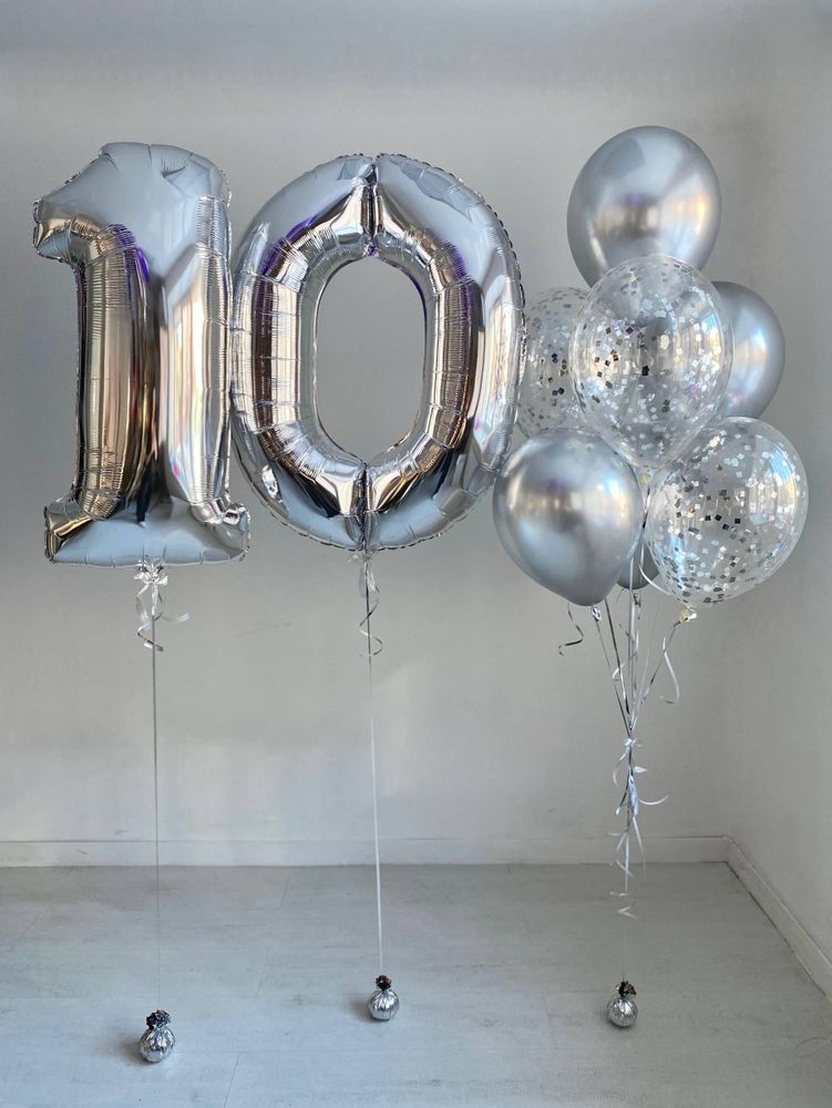 Воздушные гелиевые шары цифры 10 серебро с доставкой по Хабаровску №4810