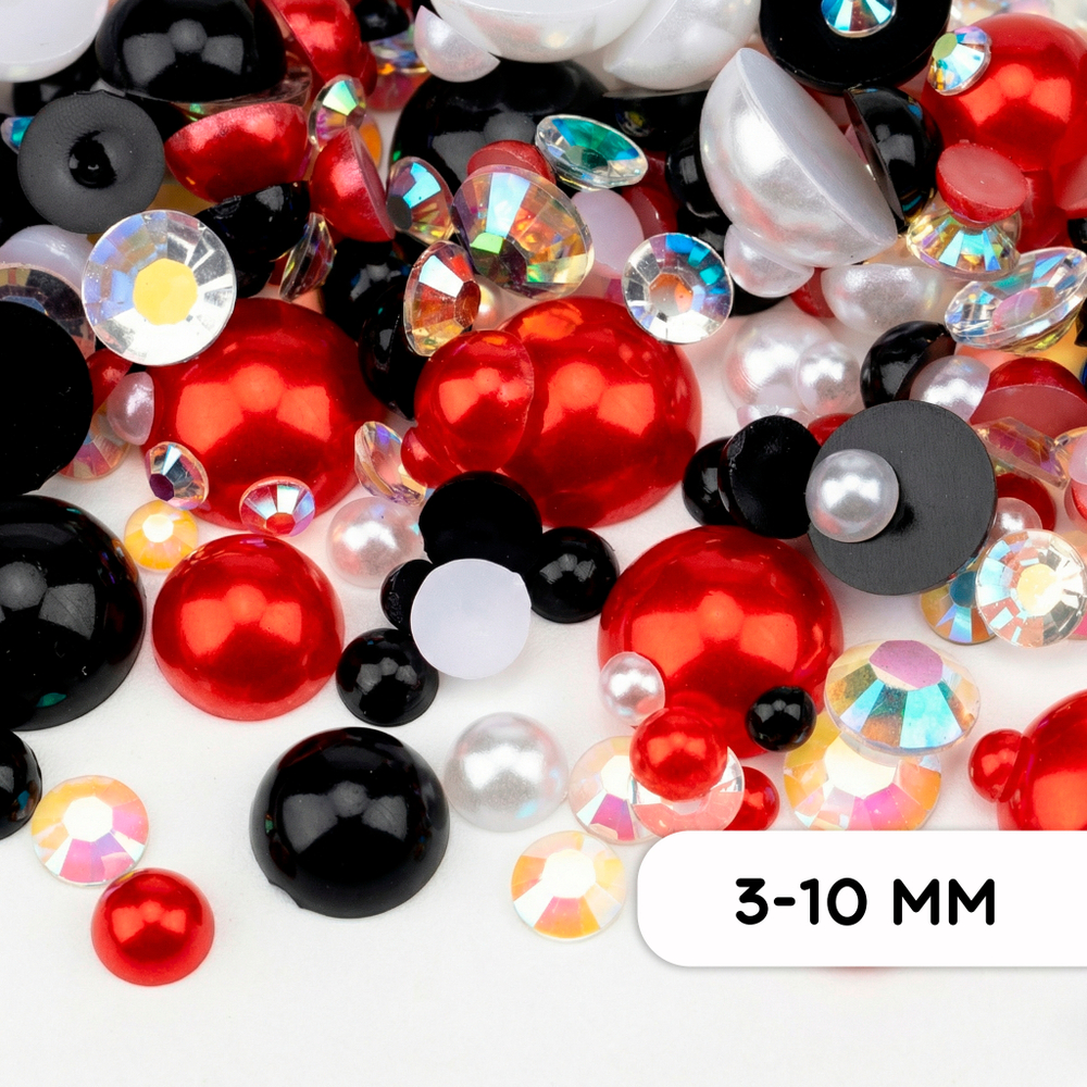 Набор декоративного полужемчуга и страз “Red-Black-Pearl White-Crystal AB-Matte White”