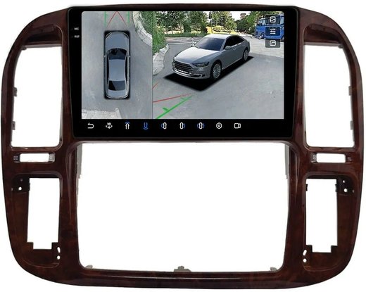 Магнитола для Toyota Land Cruiser 100, Lexus LX470 1998-2002 (кондиционер или климат внизу, рамка дерево) - FarCar BX9-360-9608F3 монитор 9.5" 2K QLED на Android 13, 6Гб+128Гб, CarPlay, 4G SIM-слот, 4 камеры в комплекте