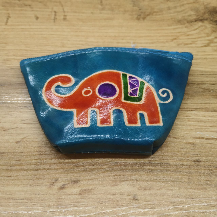 Кошелек под мелочь Слон цвет бирюзовый, кожа, ручной принт 11x1,5x7,5 см