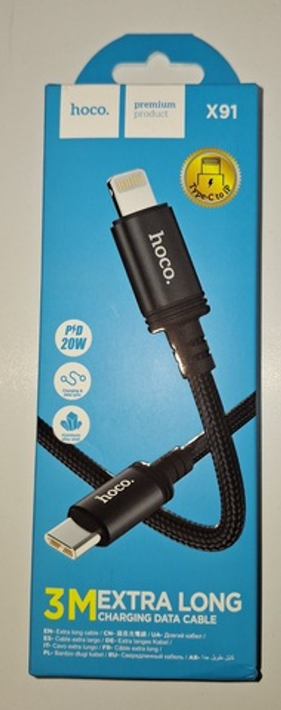 325_ USB-С кабель НОСО арт. Х91 Radiance PD 20W Type-C to Lightning (300см), черный, ш/к 6931474788696