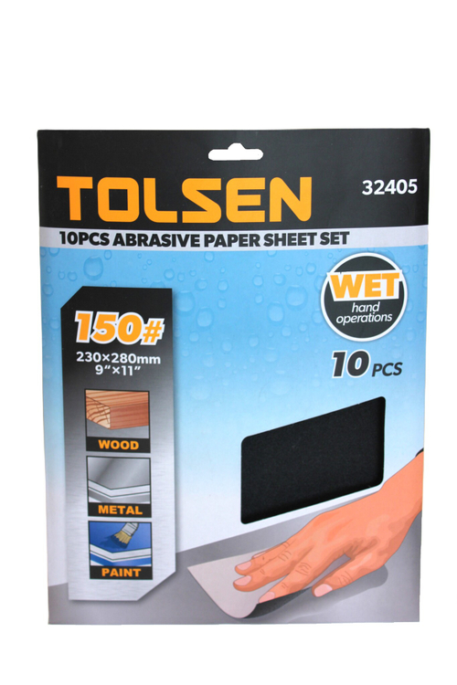 Шлифлист на бумажной основе водостойкий TOLSEN 230х280мм P150 SIC, 10шт. 32405