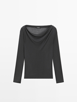 Massimo Dutti Футболка с длинными рукавами и драпированным вырезом, свинцовый