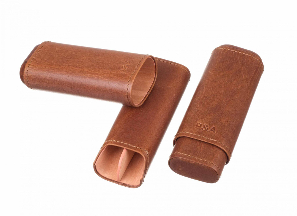 Чехол P&A на 2 сигары Робусто, натуральная кожа и кедр, T1105-Cognac
