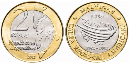 Аргентина 2 песо, 2012 30 лет войне за Фолкленды UNC