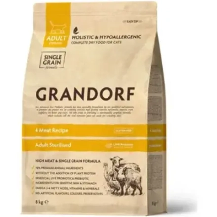 GRANDORF Сухой корм для взрослых стерилизованных и пожилых кошек с живыми пробиотиками 4 мяса 8 кг