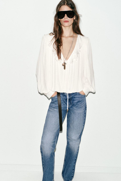 ZARA АТЛАСНАЯ БЛУЗА С ВОЛАНАМИ И ПОДПЛЕЧНИКАМИ, ЭКРЮ