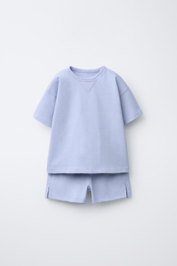 ZARA КОМПЛЕКТ ИЗ ОДНОТОННОЙ ФУТБОЛКИ И ШОРТОВ-БЕРМУДОВ, ГОЛУБОЙ