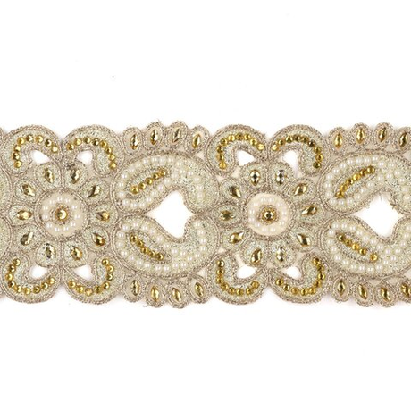 Лента на елку 5м Goodwill золотая с жемчугом и открытым орнаментом