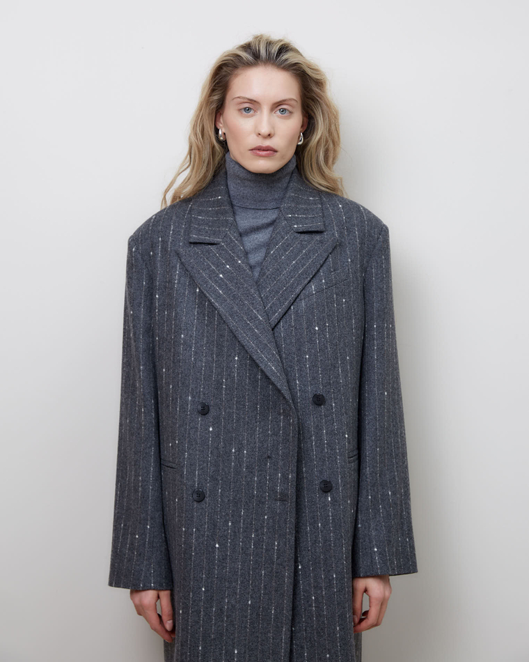 Пальто с дополнительными петлями из шерсти Стелла Маккартни полоска серый