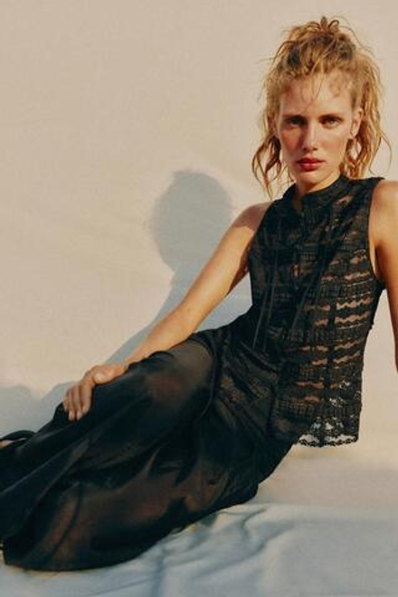 ZARA КРУЖЕВНОЙ ТОП С ЗАСТЕЖКАМИ-ТОГГЛ, ЧЕРНЫЙ
