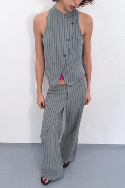 ZARA ЖИЛЕТ В ПОЛОСКУ С ЗАПАХОМ, СЕРО-СИНИЙ