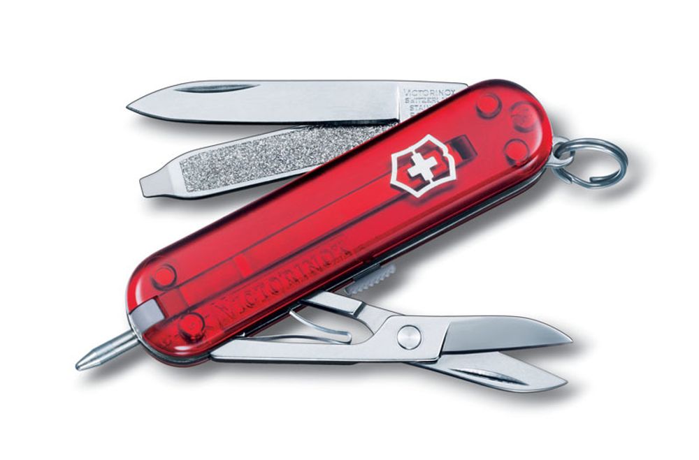 Качественный маленький брендовый фирменный швейцарский складной перочинный нож 58 мм полупрозрачный красный 7 функций Victorinox Signature VC6225.T