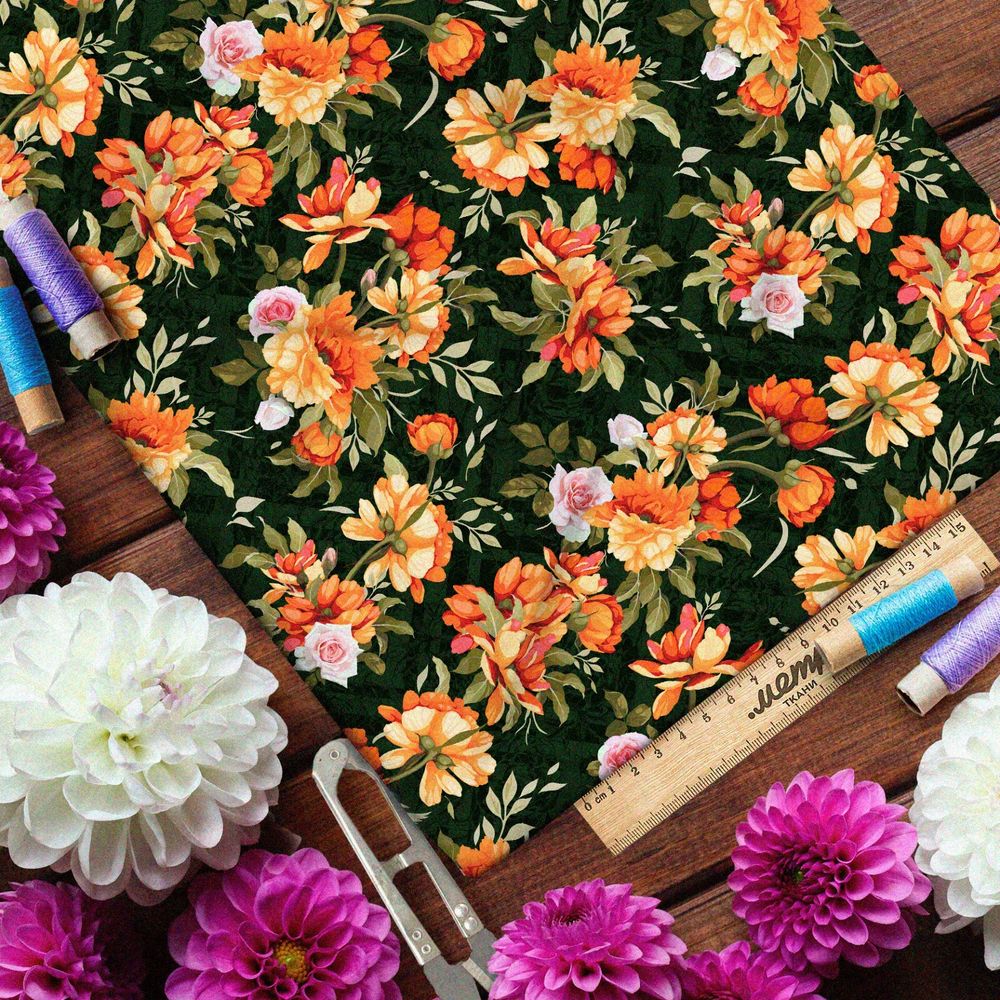 Ткань атлас оранжевые цветы со вкусом ностальгии
