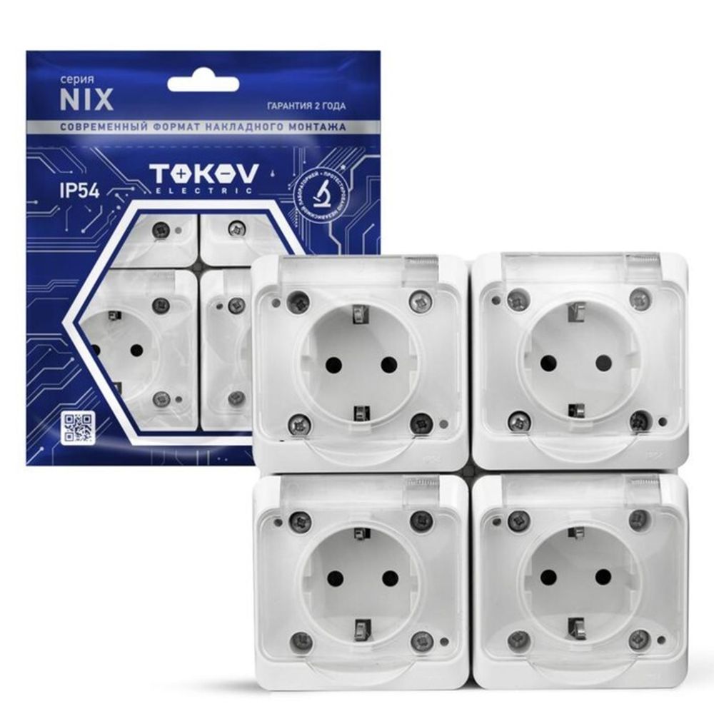 Розетка TOKOV ELECTRIC, Nix, 4-м, 16А, IP54, 250В, с з/к, с прозр. кр, белый, TKE-NX-R4Z-C01T-IP54