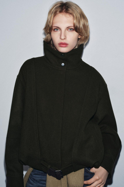 ZARA МИНИМАЛИСТИЧНАЯ КУРТКА-БОМБЕР С ШЕРСТЬЮ — ZW COLLECTION, ХАКИ