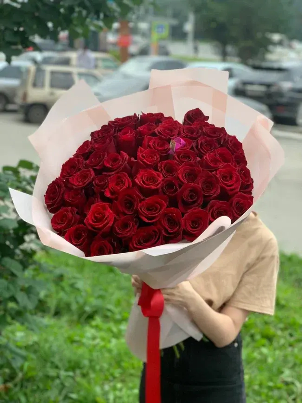 Букет 50 красных роз Эквадор 70см в пленке