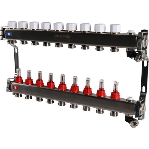 Коллектор Rommer 1"x3/4" на 9 контуров с расходомерами и запорными клапанами RMS-1201-000009
