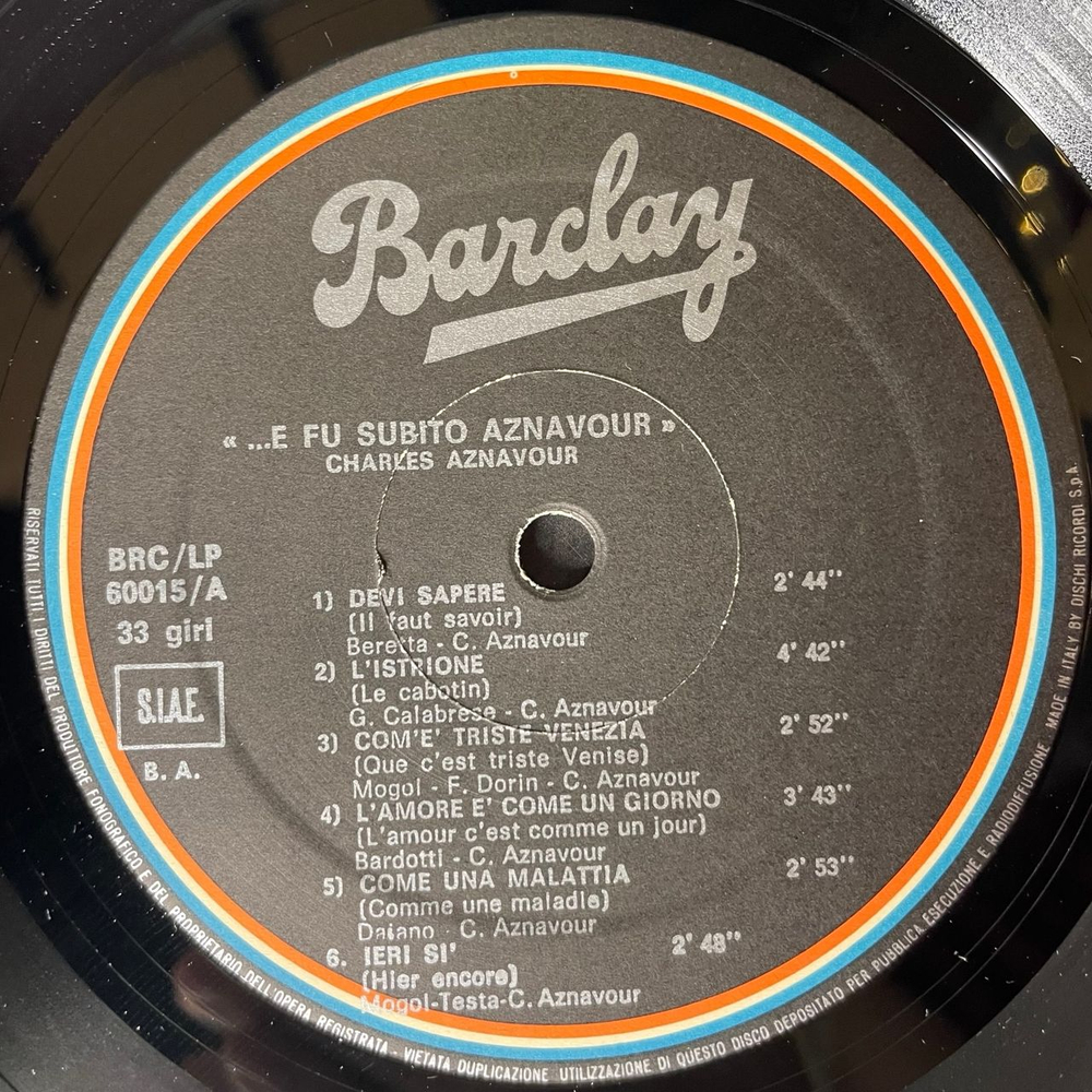 Винтажная виниловая пластинка LP Charles Aznavour Шарль Азнавур E Fu Subito Aznavour (Италия 1970)