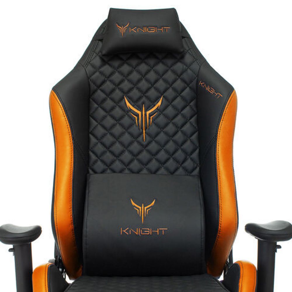 Кресло компьютерное Knight EXPLORE, 2 подушки, экокожа премиум, черное/оранжевое, 1628886