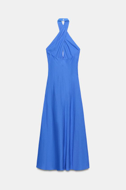 ZARA ЛЬНЯНОЕ ПЛАТЬЕ МИДИ С ГОРЛОВИНОЙ ХАЛТЕР, СИНИЙ