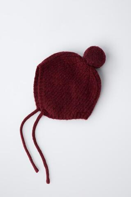 ZARA ТРИКОТАЖНЫЙ ЧЕПЧИК С ПОМПОНОМ, БУРГУНДИ