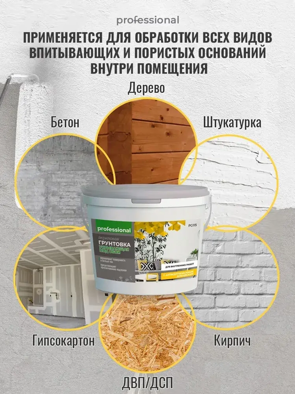 PROFESSIONAL Грунтовка для стен под обои акриловая пигментированная укрывающая белая с антисептиком без запаха для внутренних работ 3кг