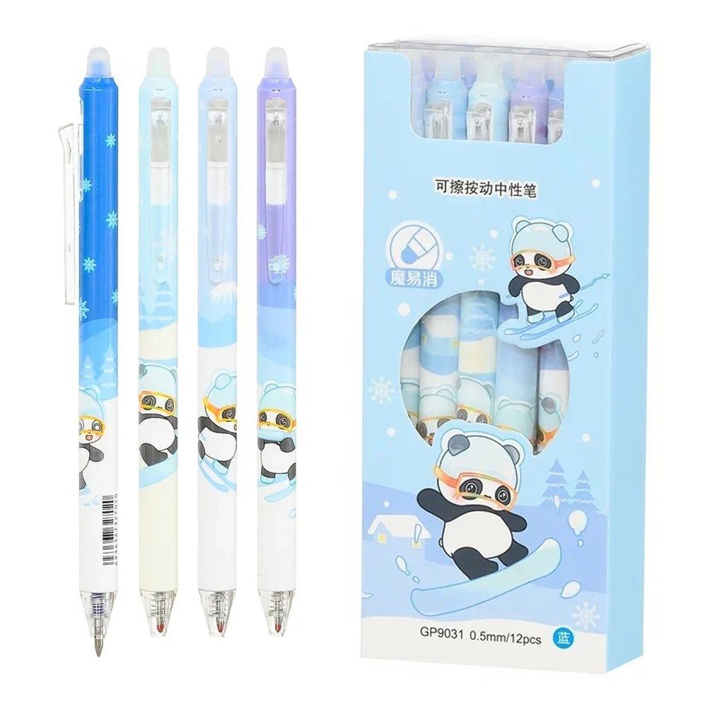 Ручка гелевая, пиши-стирай, автоматическая, Basir, синие чернила, серия &quot;Зимние игры панды&quot;, 3 цвета корпуса, 12 шт