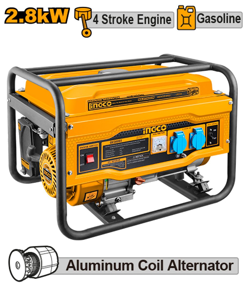 Бензиновый генератор 220В 2,5х2,8 кВт INGCO GE30005