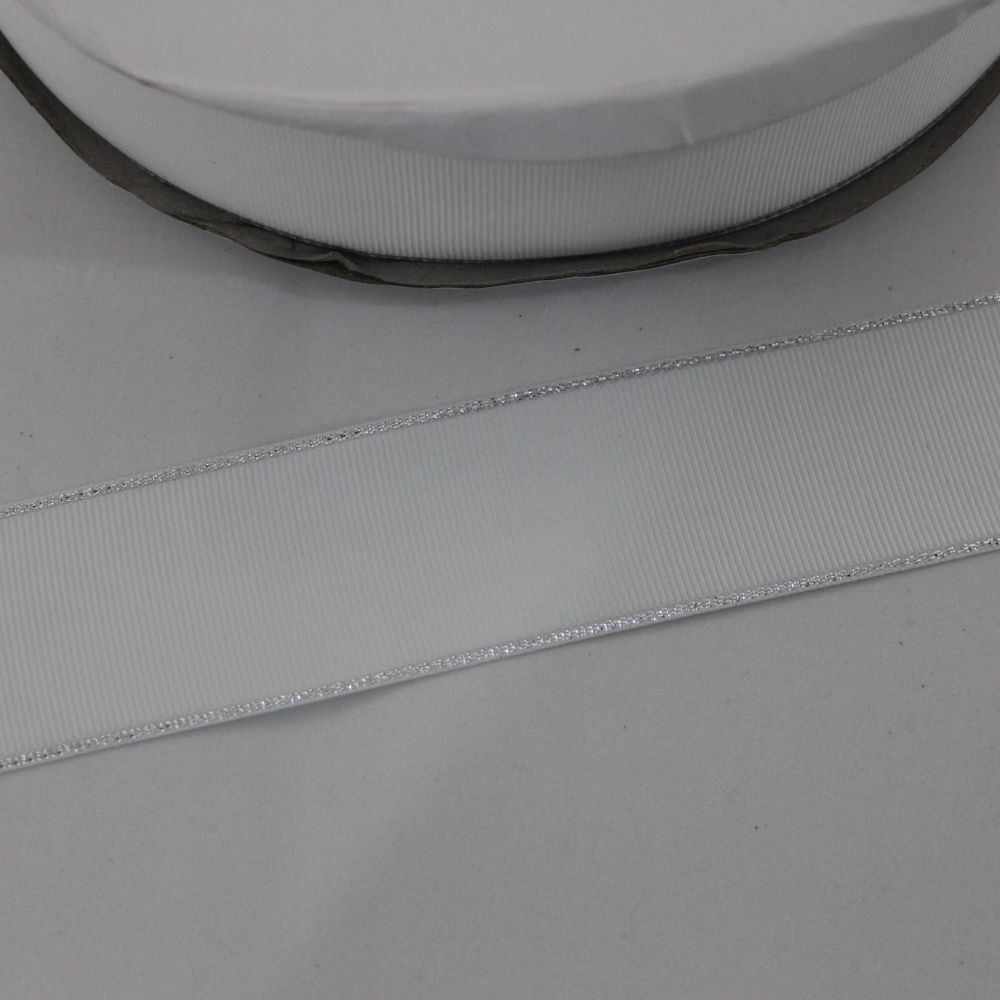 Лента репсовая однотонная с металл. кромкой(серебро) 38 мм, длина 25 ярдов, цвет: 029 белый