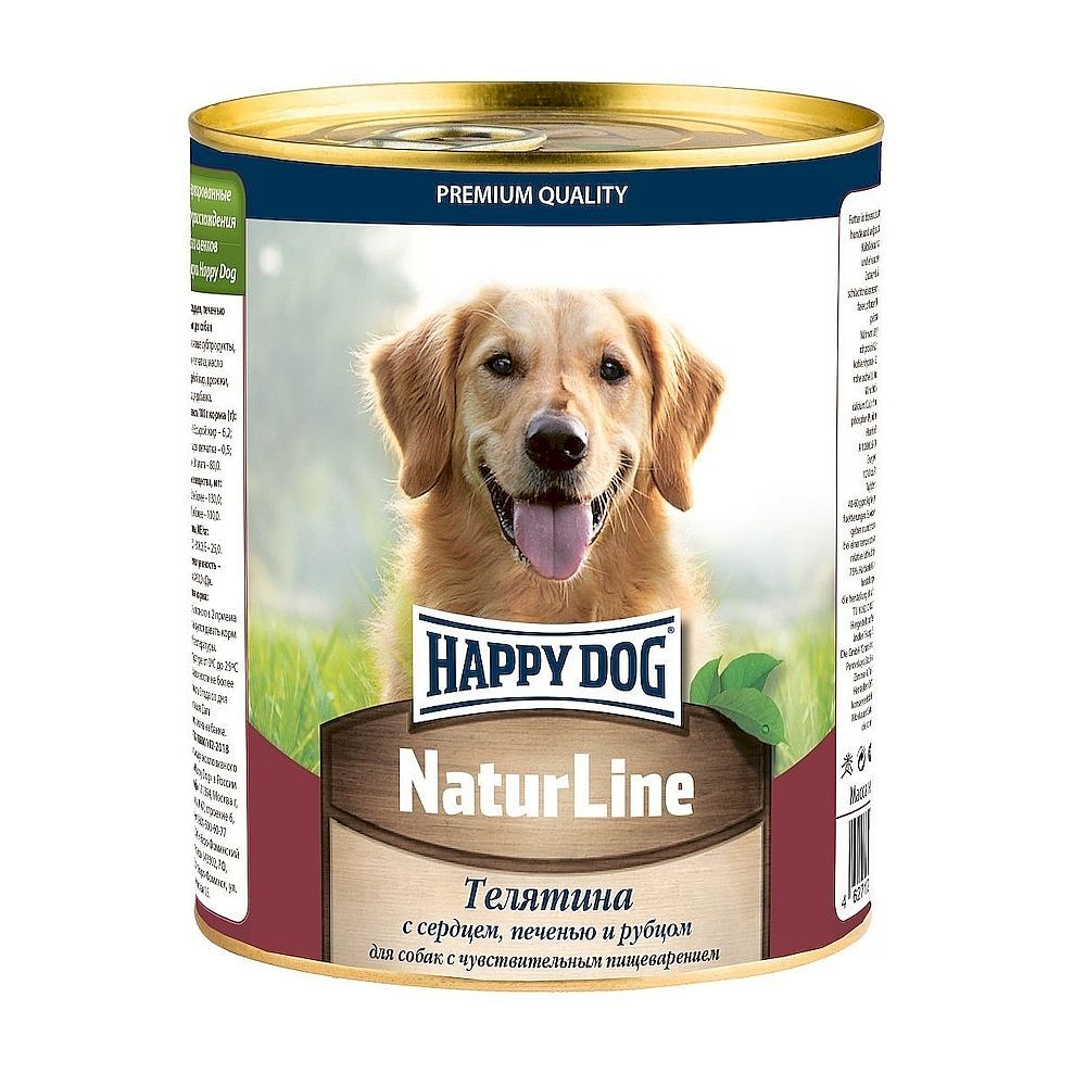 Влажный корм Happy Dog Natur Line для собак с телятиной, сердцем, печенью и рубцом, банка 970г