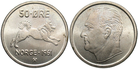 Норвегия 50 эре, 1958 - 1973 Король Улаф V XF