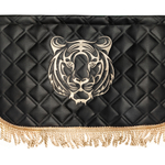 Шторы спального места с прихватами в кабину грузовика. Ламбрекен из экокожи с вышивкой Тигр и прихватами. Высота 1,5м, ширина одной стороны - 1,15м. Блэкаут, велюр. Черный цвет с бежевой бахромой