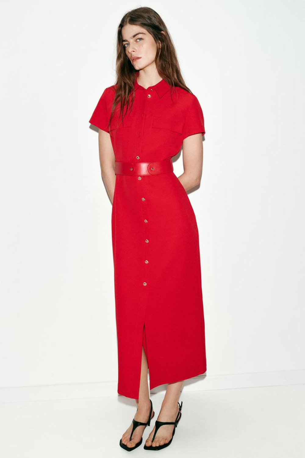 ZARA ПЛАТЬЕ МИДИ С ПОЯСОМ, КРАСНЫЙ