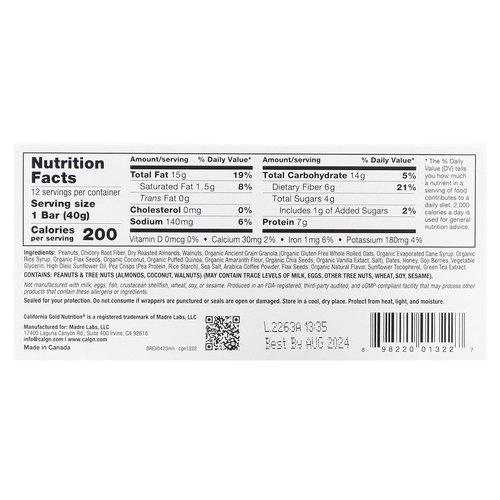 California Gold Nutrition, Foods, жевательные батончики из гранолы с мокко и орехами, 12 шт. по 40 г (1,4 унции)