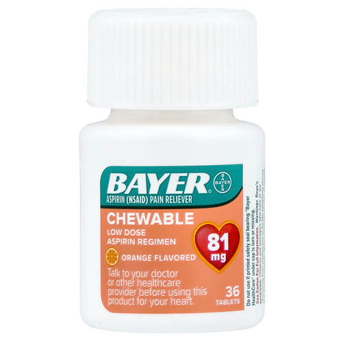 Bayer, Жевательные таблетки с низкой дозой аспирина, апельсин, 81 мг, 36 таблеток