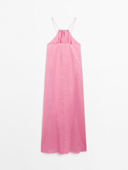 Massimo Dutti Длинное платье со сборкой и горловиной халтер, розовый