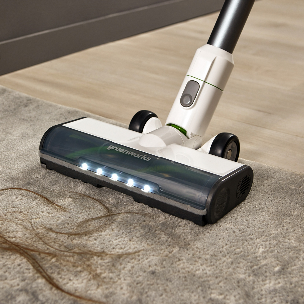 Пылесос вертикальный акк. Greenworks SV24360, 24V, б/щет, 250 Вт, 17 кПа, электрощетка, 2 насадки, LED, белый+серебро, 1х4Ач и ЗУ (4702107UB)
