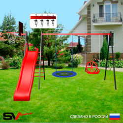 Уличные качели Sv Sport с горкой УК199КВ2 (3.7м/Щит баскет/Гнездо Оксф. 100см/Со спинкой/Подвесы на втулке 2к)