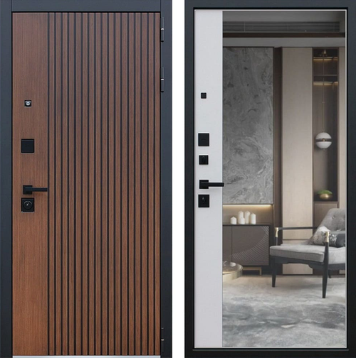 Входная металлическая дверь с зеркалом Дуб кантри темный/Капучино - 1025