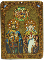 Инкрустированная рукописная икона Петр и Февронья 29х21см на натуральном дереве в подарочной коробке