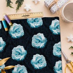 Ткань шифон голубые розы из папье-маше на тёмном фоне