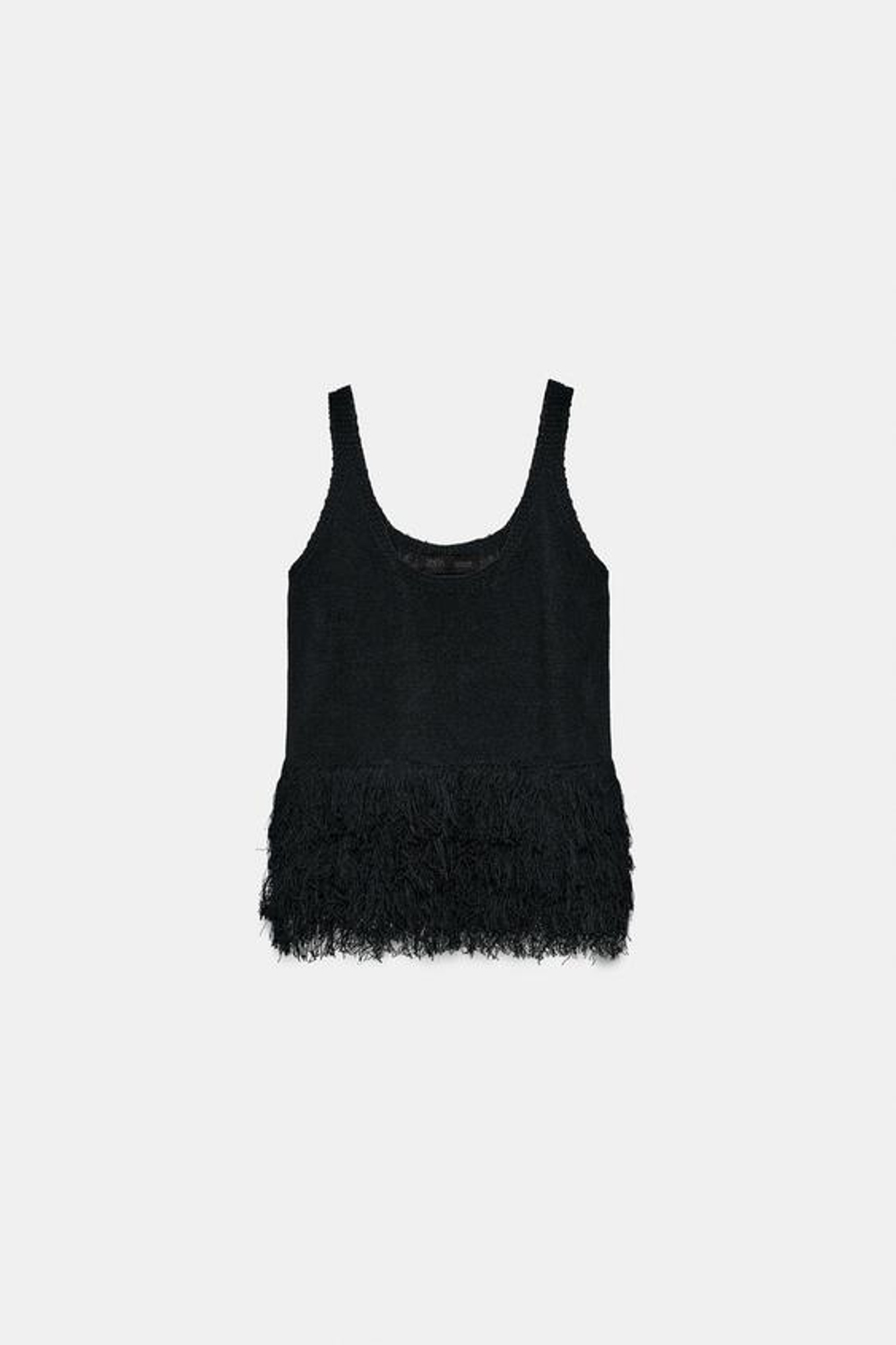 ZARA ТРИКОТАЖНЫЙ ТОП С БАХРОМОЙ, ЧЕРНЫЙ