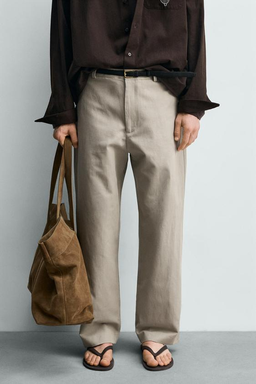 ZARA БРЮКИ RELAXED FIT ИЗ ХЛОПКА И ЛЬНА, СЕРО-КОРИЧНЕВЫЙ